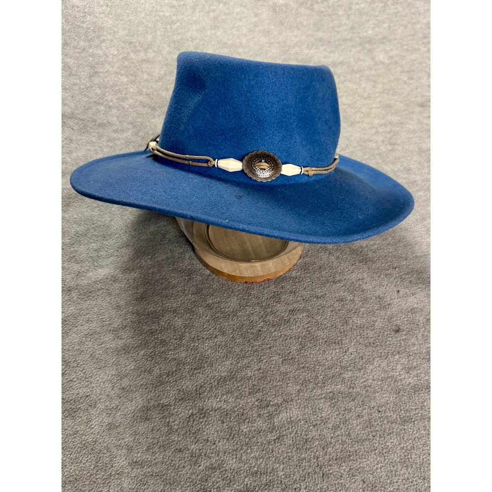 Blue Felt Wide Brim Fedora Hat Western Concho Bead Accents Boho Festival Style